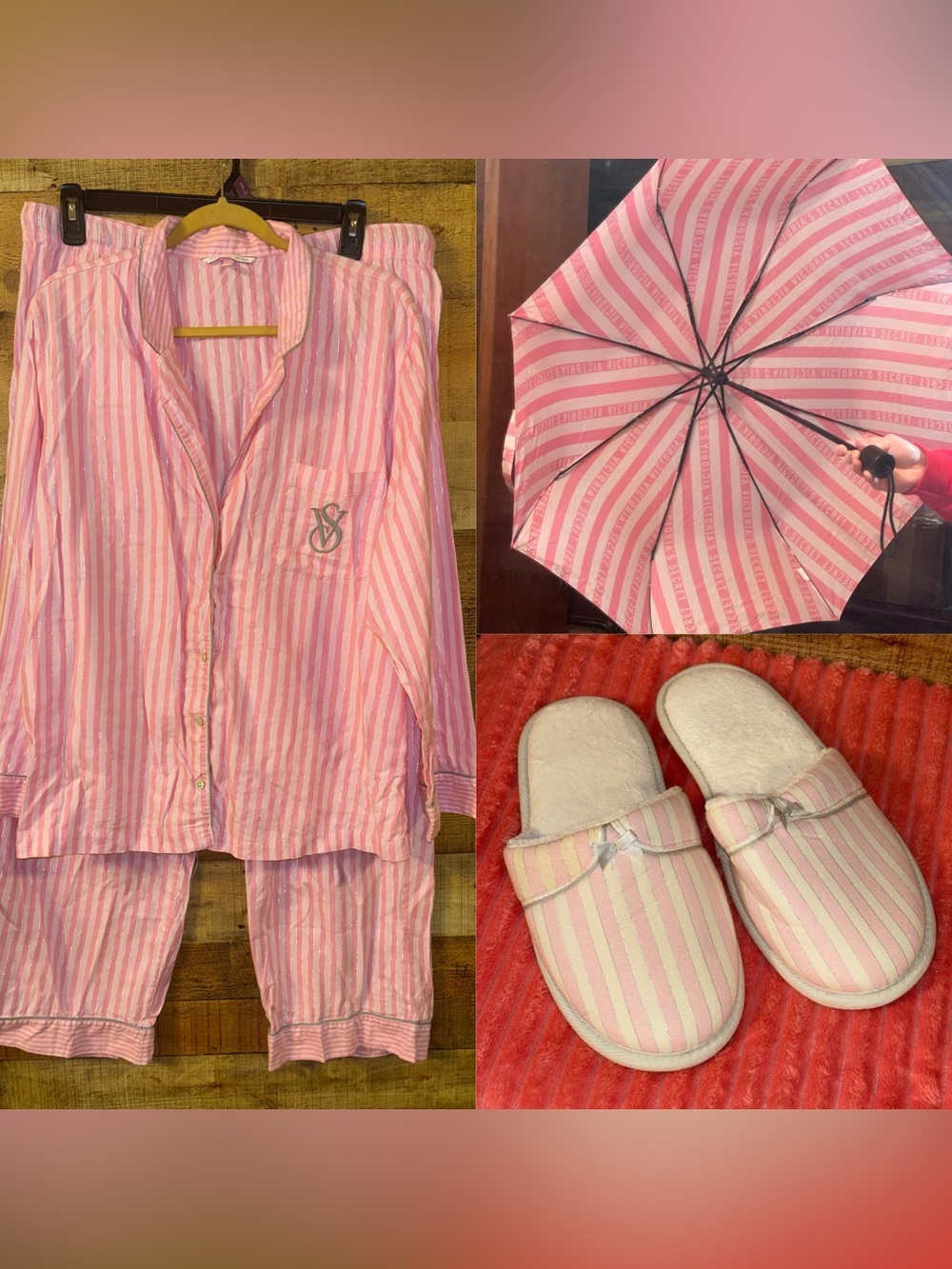 Victoria's Secret Pink Striped Pajama Set & Slippers & Umbrella